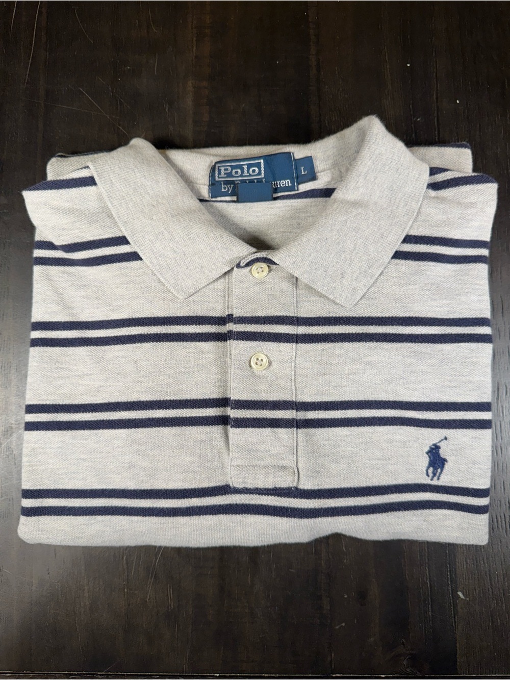 Polo Ralph Lauren Striped Polo Shirt Gray Navy Blue Men's Size Large Cotton